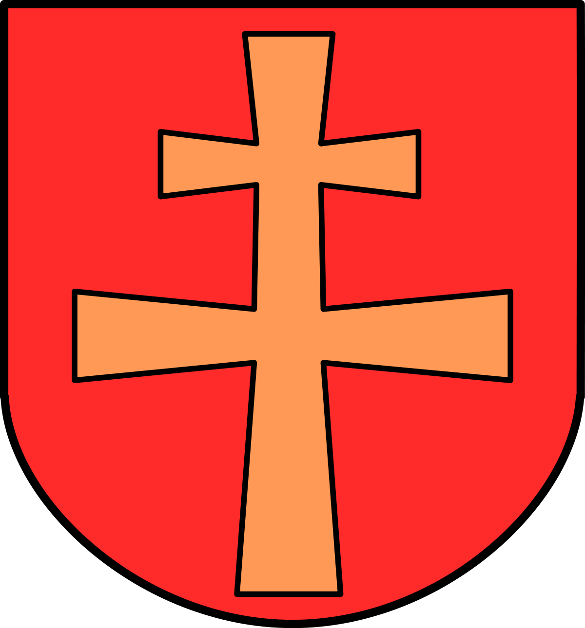 Herb Małogoszcza przedstawia wizerunek złotego krzyża jagiellońskiego w czerwonym polu tarczy herbowej.