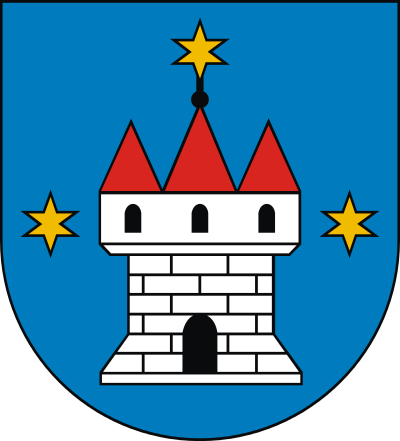Na obrazku widnieje herb Raszkowa. Herb Raszkowa - przedstawia w polu błękitnym srebrny zamek o trzech dachach czerwonych, z czego środkowy wyższy zwieńczony złotą gwiazdą sześcioramienną, po bokach zamku dwie takież gwiazdy.