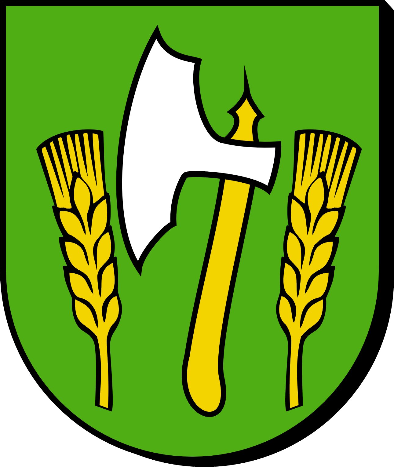 Herb jednopolowy w polu zielonym topór srebrny o złotym toporzysku między dwoma złotymi kłosami pszenicy.