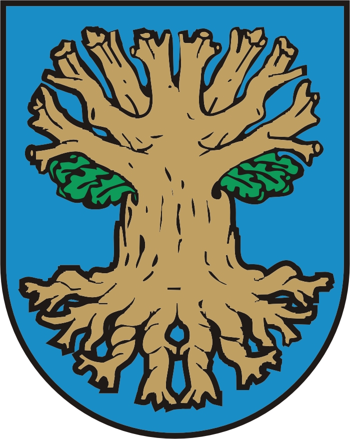 Herb przedstawia na tarczy koloru błękitnego z czarną obwódką w jego centralnej części złoty dąb, posiadający osiem konarów i osiem korzeni. Pod konarami umieszczono zielony trójliść