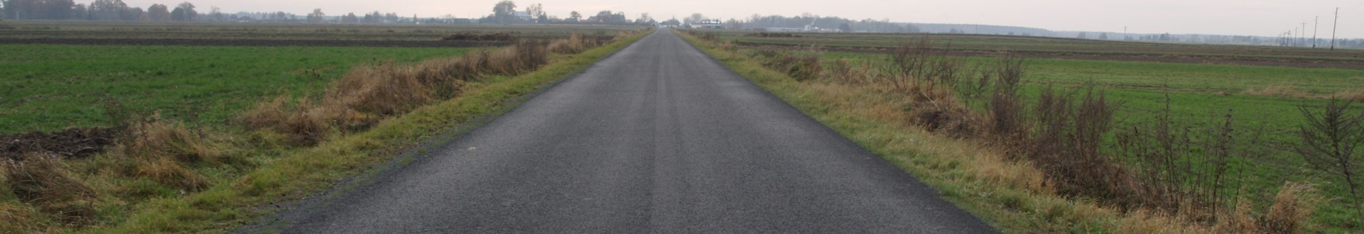 Zdjęcie przedstawia asfaltową drogę otoczoną łąkami.