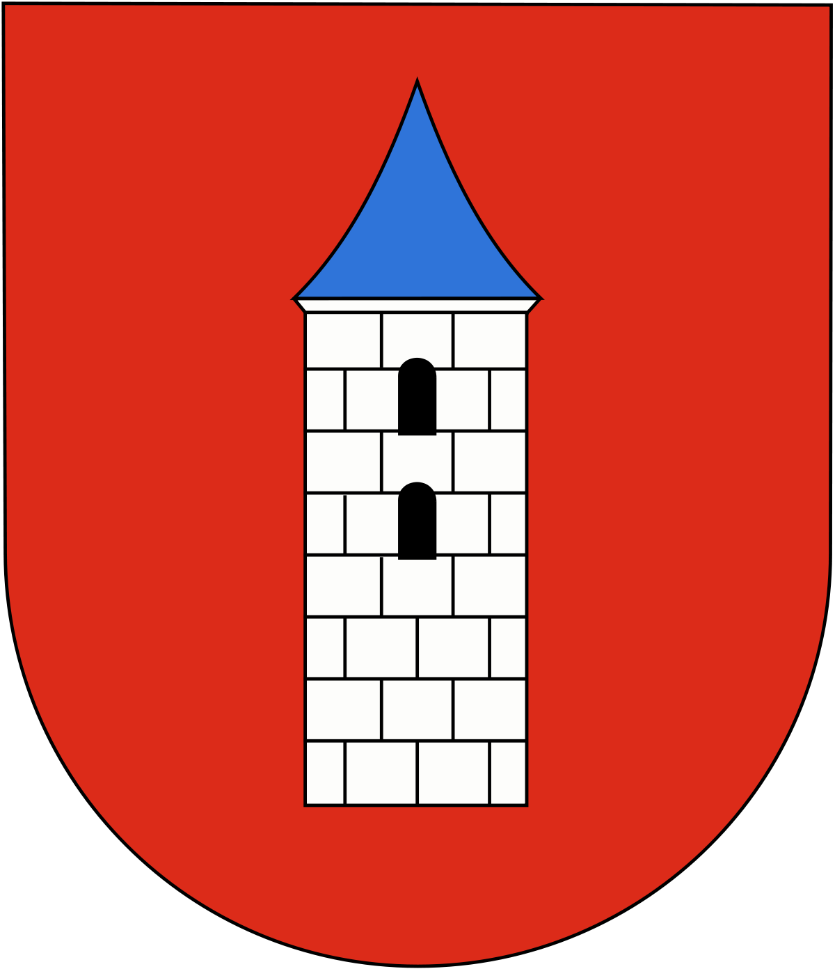 Herb przedstawia na czerwonej tarczy wieżę barwy białej z czarnymi fugami, z dwoma okienkami czarnymi, umieszczonymi jedno pod drugim. Wieża pokryta jest niebieskim, trójkątnym daszkiem.