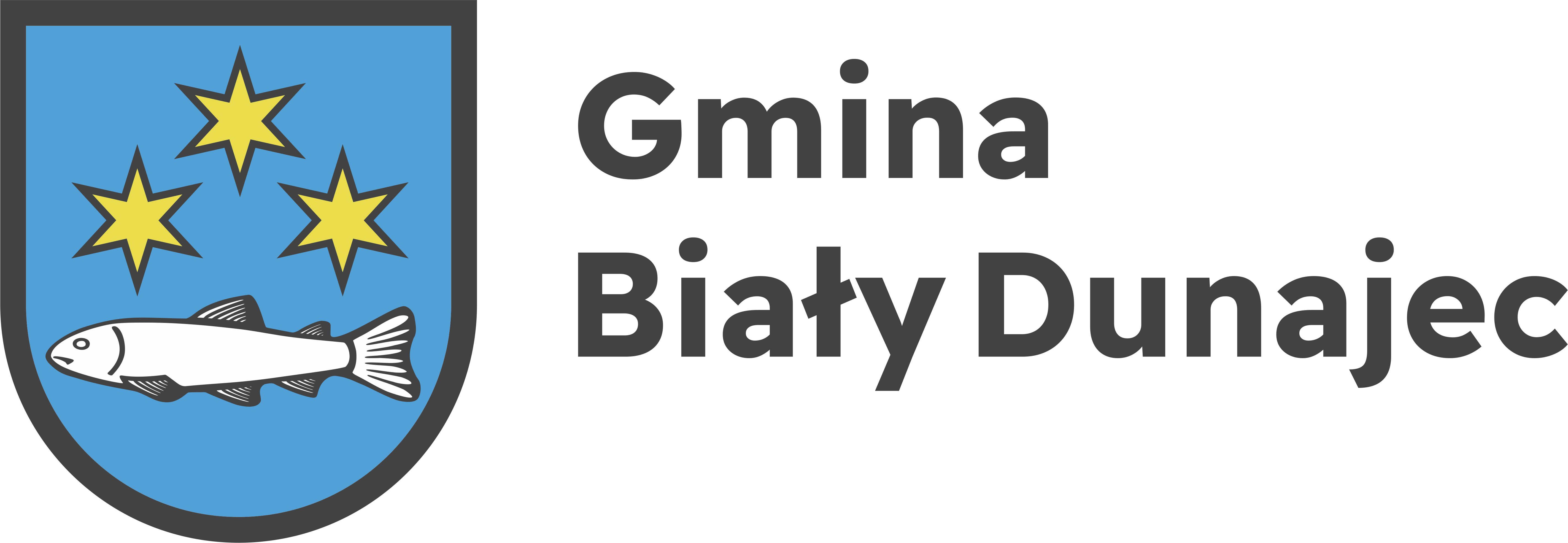 Herb przedstawiający na błękitnym tle poziomo ułożoną białą rybę a nad nią trzy złote gwiazdy sześcioramienne ułożone trójkątnie.