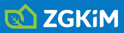 Na obrazku widnieje logo firmy. Skrót pierwszych liter ZGKIM. Litery są białe na niebieskim tle.  Po lewej stronie jest zielona ikonka domu i liścia.