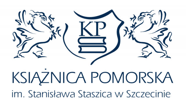 Obrazek przedstawia logo Książnicy Pomorskiej, na które składa się tarcza, w której usytuowane są dwie książki, a po obu stronach tarczy postacie gryfów namalowane granatową kreską.